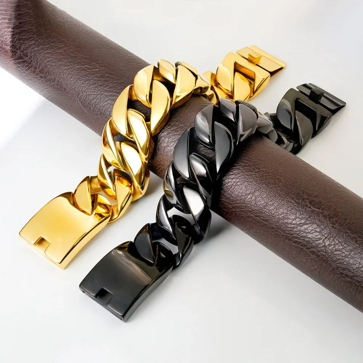 Pulseira cubana masculina de aço inoxidável, cor ouro 18k, de aço titânio