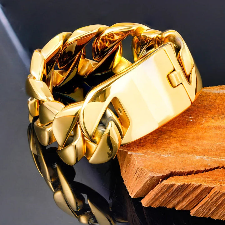Pulseira cubana masculina de aço inoxidável, cor ouro 18k, de aço titânio