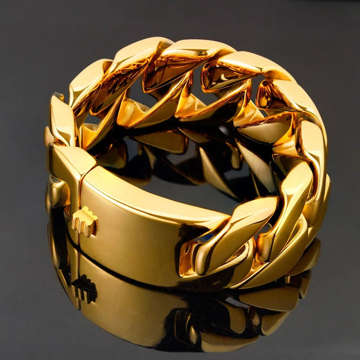 Pulseira cubana masculina de aço inoxidável, cor ouro 18k, de aço titânio